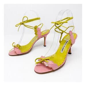 Manolo Blahnik Ankle Strap Sandal Heels Scalloped Pink Yellow Womens Size EU 37